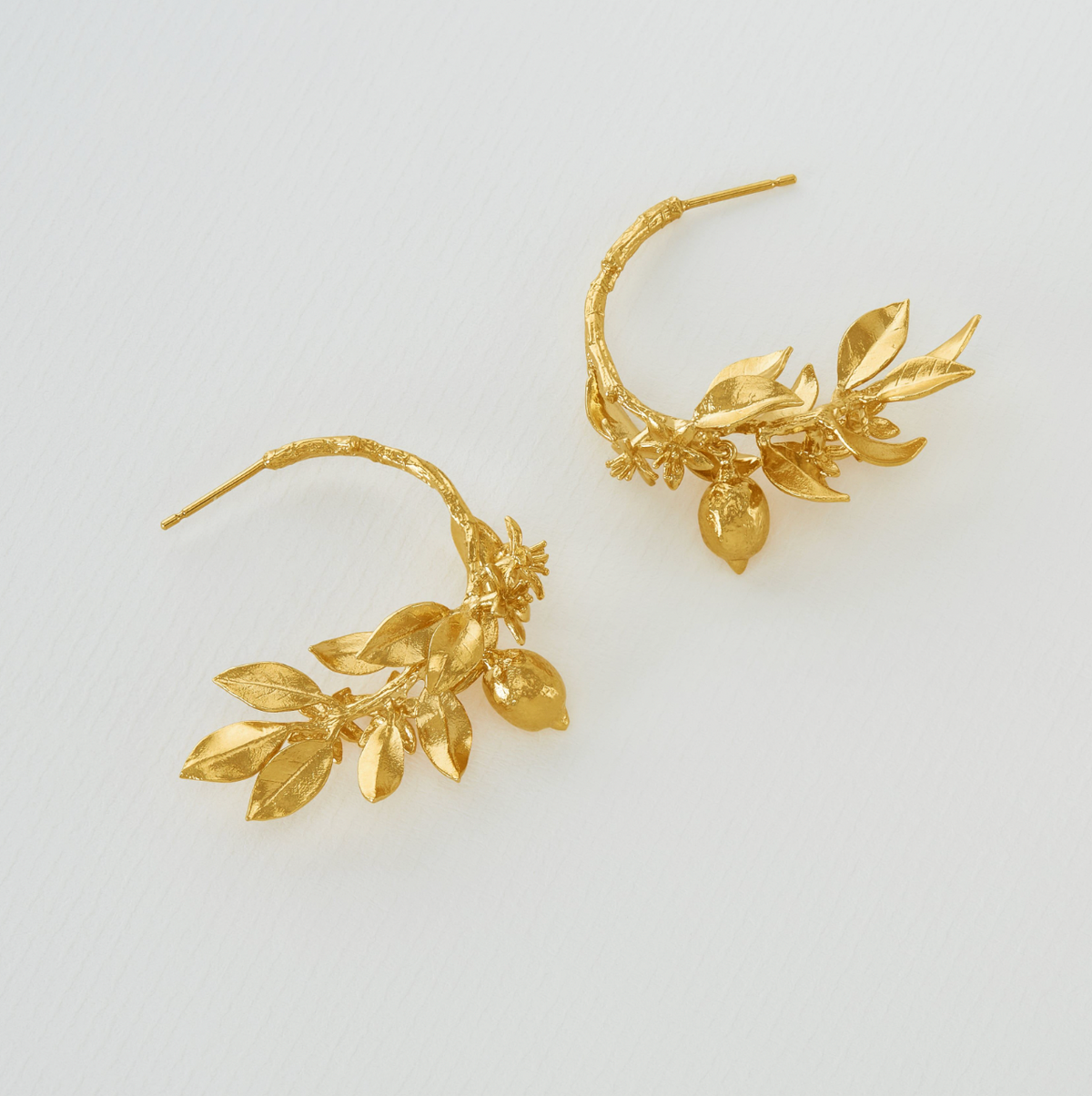 Alex Monroe lemon blossom branch hoop earrings.