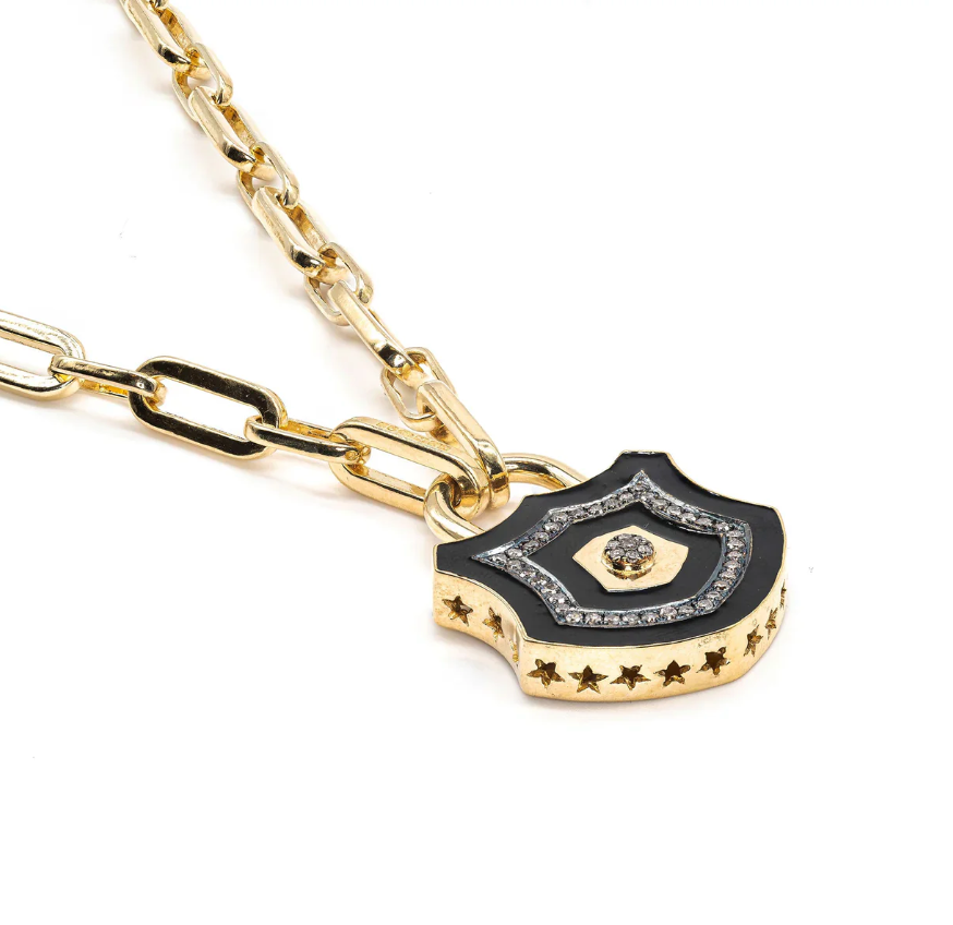 KIRSTIE LE MARQUE DIAMOND AND BLACK ENAMEL CHUNKY LOCK NECKLACE