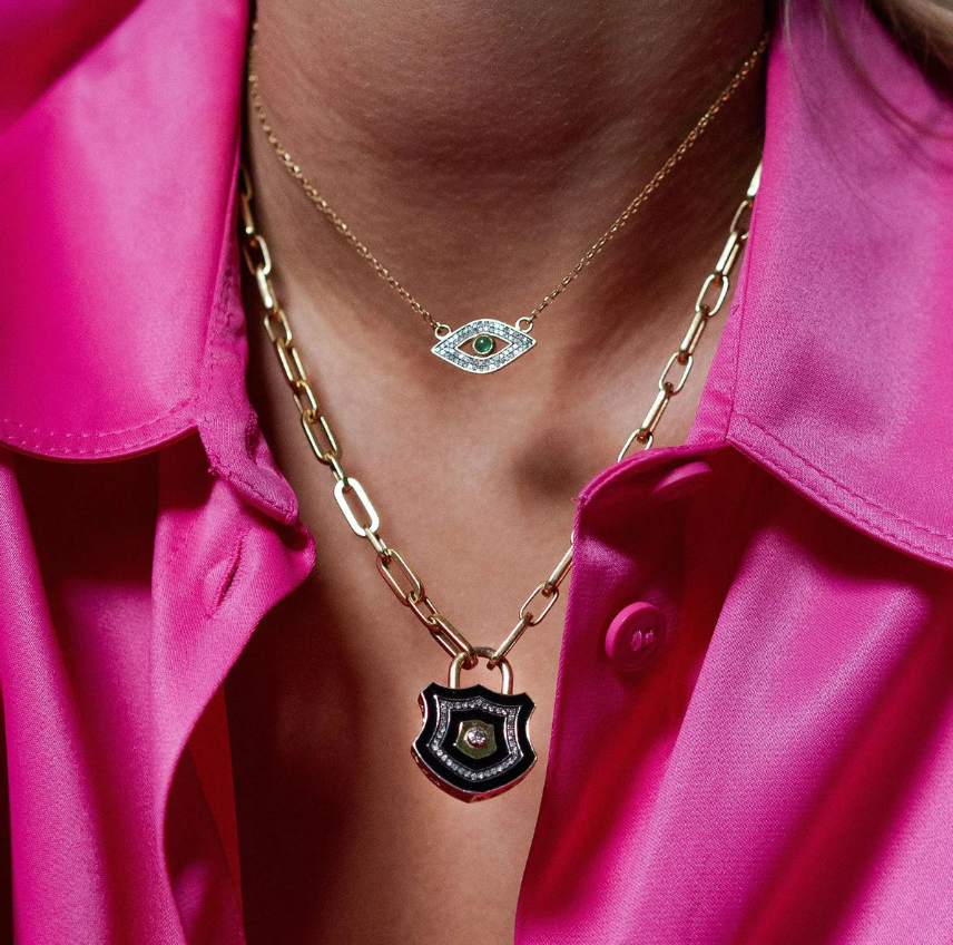 KIRSTIE LE MARQUE DIAMOND AND BLACK ENAMEL CHUNKY LOCK NECKLACE