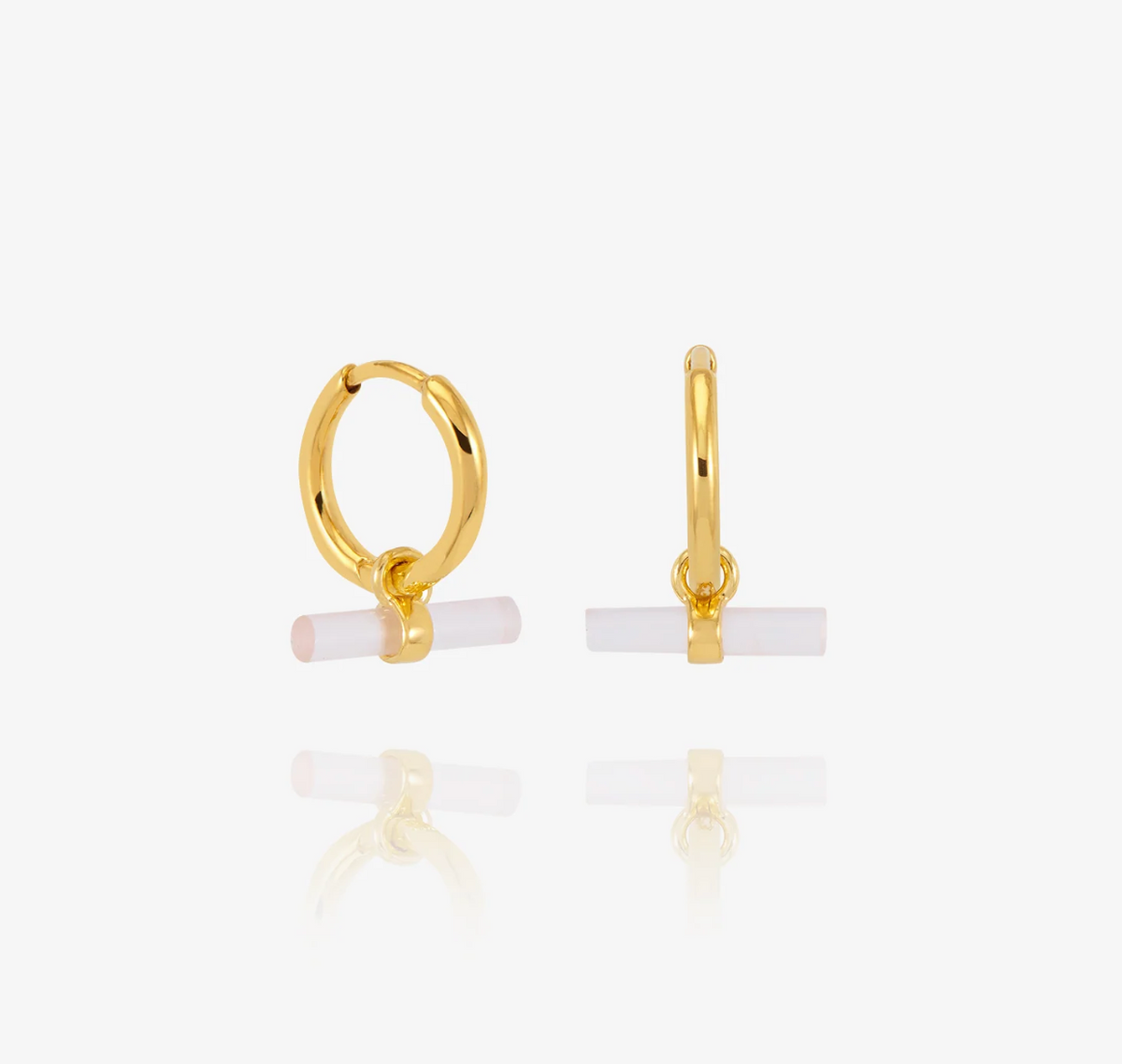 RACHEL JACKSON MINI LOVE T-BAR ROSE QUARTZ HUGGIE HOOP EARRINGS