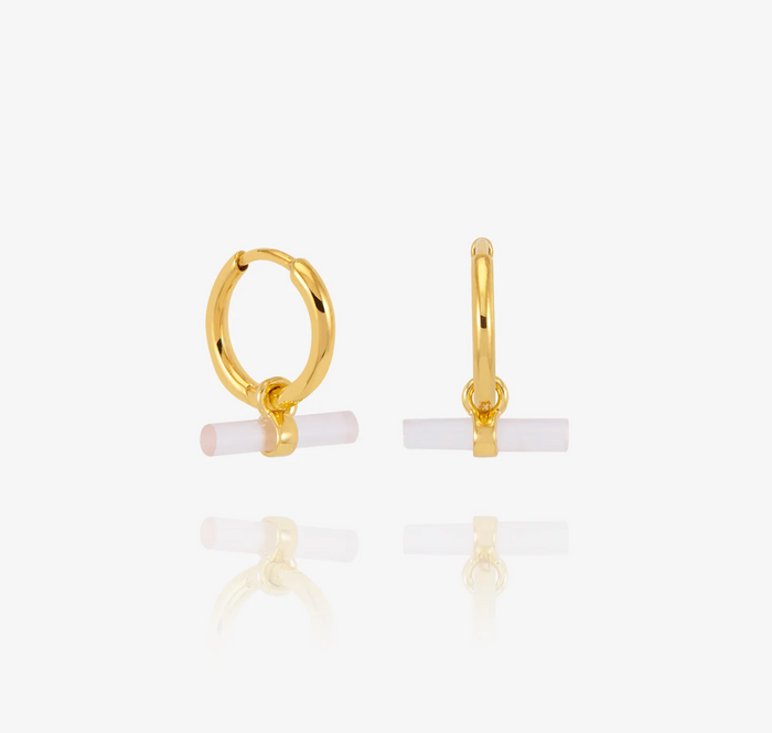 RACHEL JACKSON MINI LOVE T-BAR ROSE QUARTZ HUGGIE HOOP EARRINGS