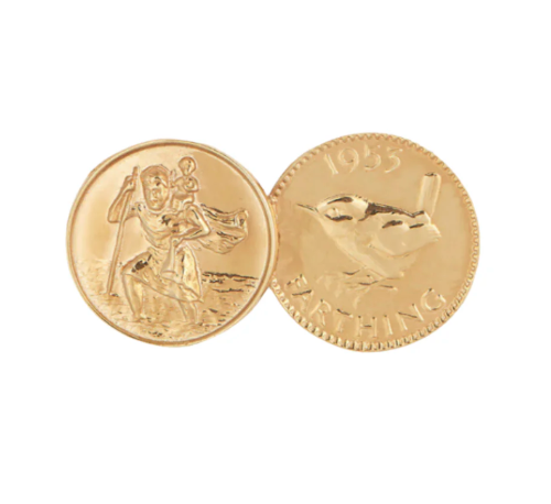 KATIE MULLALLY 9CT GOLD ST CHRISTOPHER FARTHING DOUBLE COIN NECKLACE