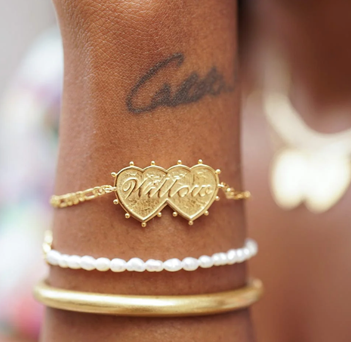 DAISY LONDON PERSONALISED SHRIMPS DOUBLE HEART BRACELET - MADE TO ORDER