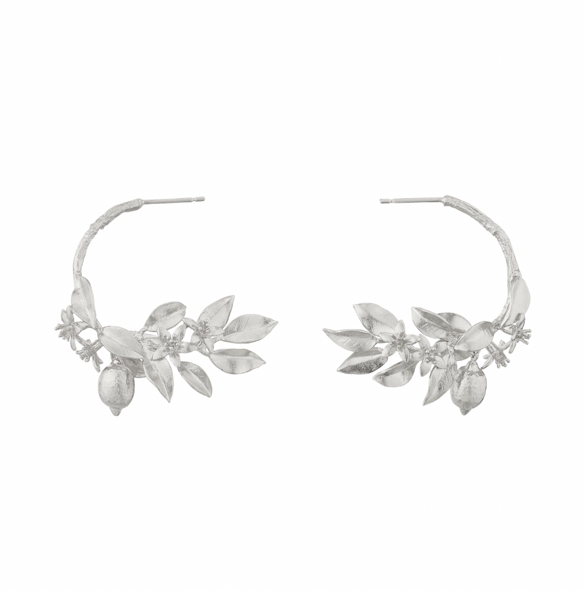 Alex Monroe lemon blossom branch hoop earrings.