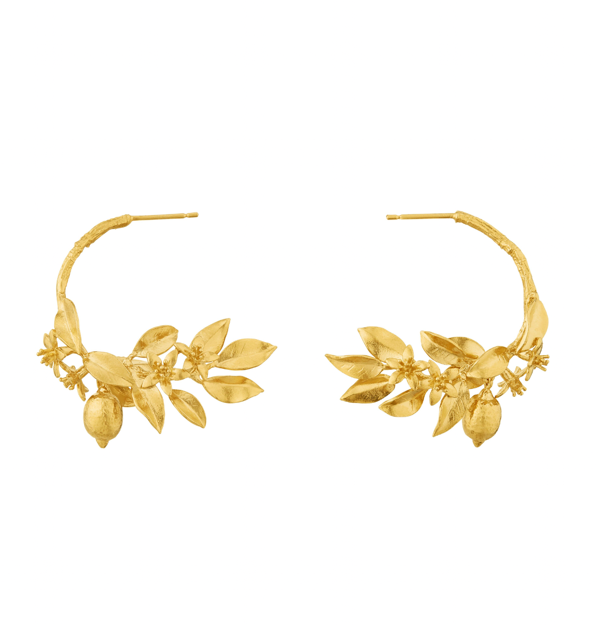 Alex Monroe lemon blossom branch hoop earrings.