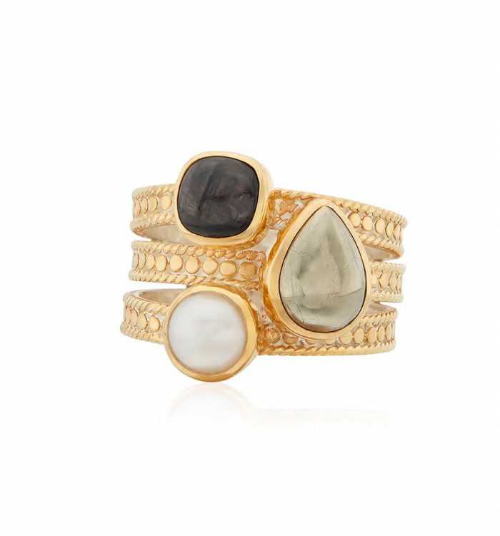 ANNA BECK HYPERSTHENE, PYRITE & PEARL FAUX STACKING RING