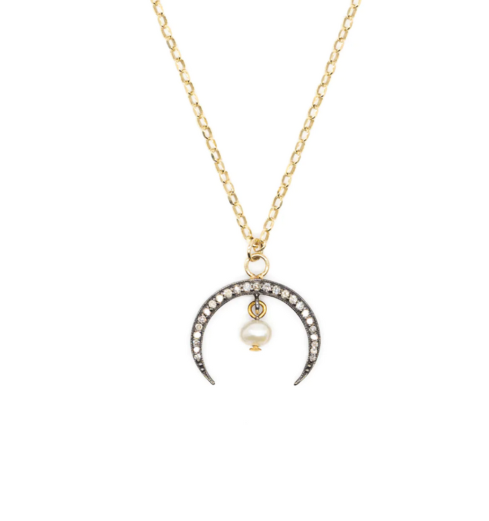 KIRSTIE LE MARQUE DIAMOND AND HORN PEARL DROP NECKLACE