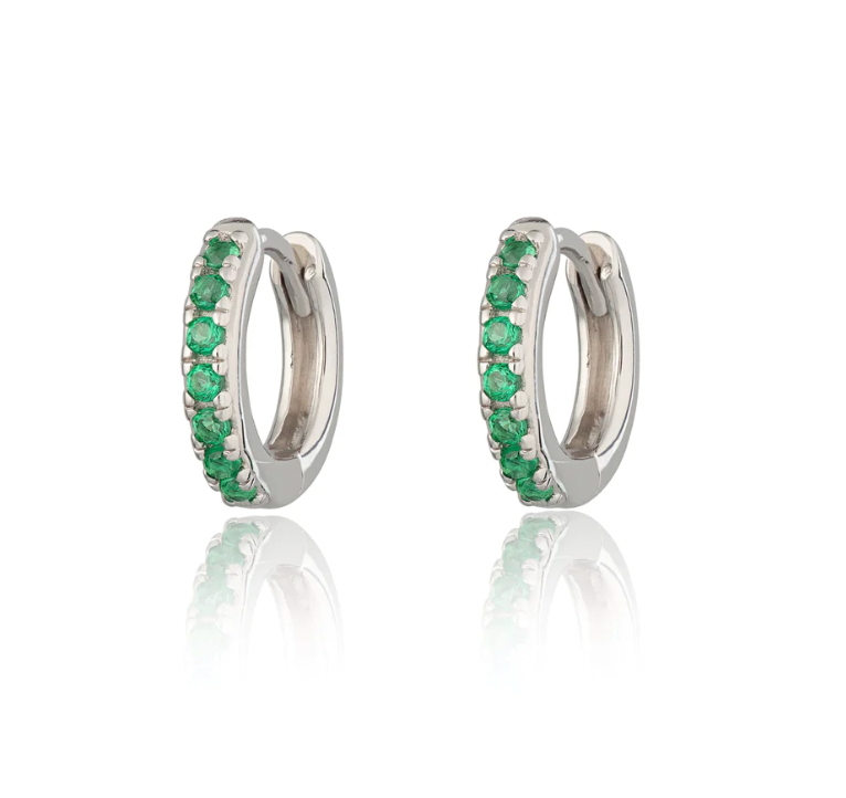 SCREAM PRETTY HUGGIE EARRINGS WITH GREEN STONES