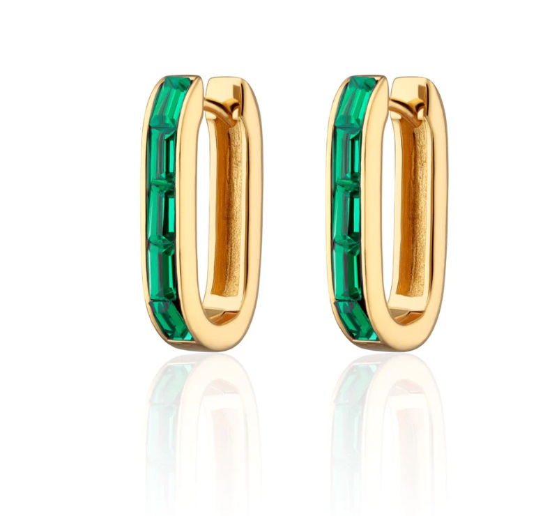 SCREAM PRETTY OVAL BAGUETTE HOOP EARRINGS WITH GREEN STONES