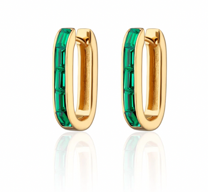 SCREAM PRETTY OVAL BAGUETTE HOOP EARRINGS WITH GREEN STONES