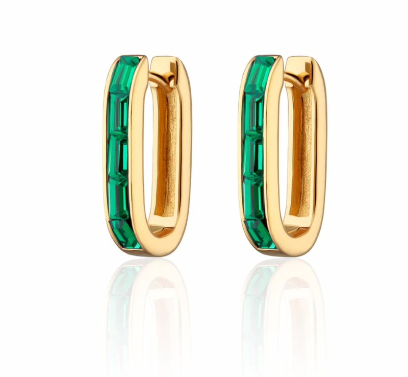 SCREAM PRETTY OVAL BAGUETTE HOOP EARRINGS WITH GREEN STONES