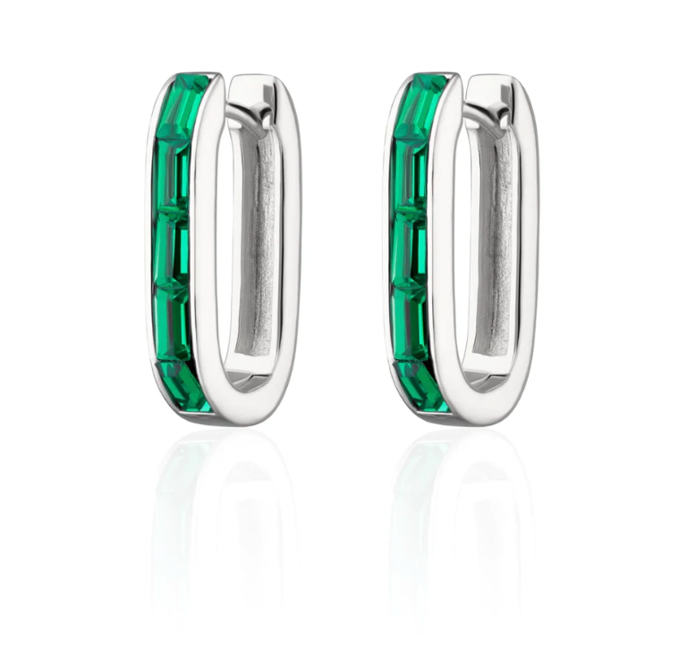 SCREAM PRETTY OVAL BAGUETTE HOOP EARRINGS WITH GREEN STONES