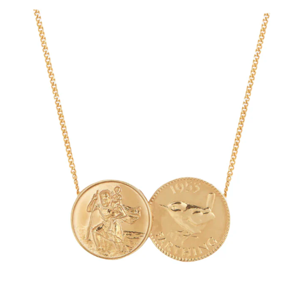KATIE MULLALLY 9CT GOLD ST CHRISTOPHER FARTHING DOUBLE COIN NECKLACE