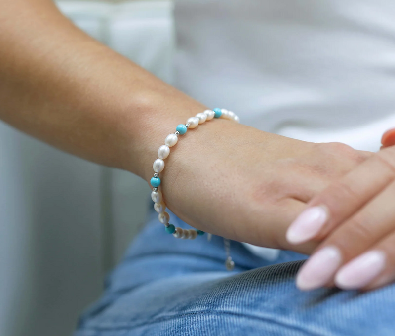 CLAUDIA BRADBY TURQUOISE & PEARL SILVER BEADED BRACELET