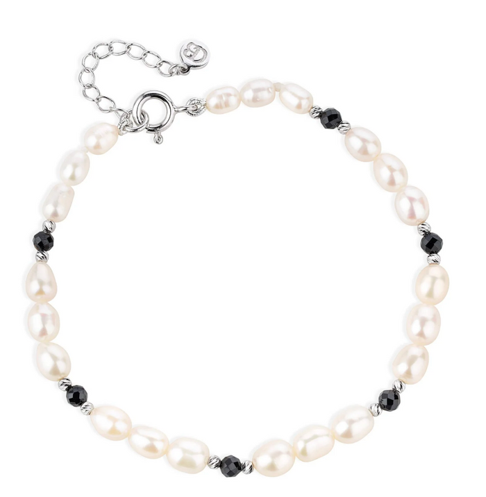 CLAUDIA BRADBY BLACK SPINEL & PEARL SILVER BEADED BRACELET