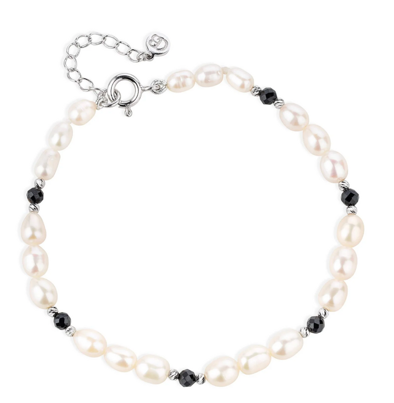CLAUDIA BRADBY BLACK SPINEL & PEARL SILVER BEADED BRACELET