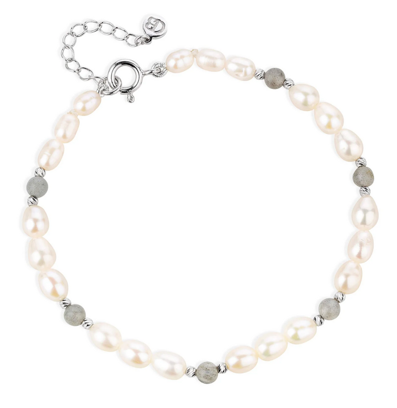 CLAUDIA BRADBY LABRADORITE & PEARL SILVER BEADED BRACELET