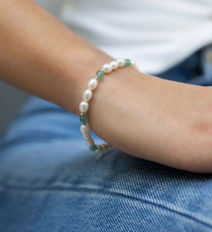 CLAUDIA BRADBY AVENTURINE & PEARL SILVER BEADED BRACELET