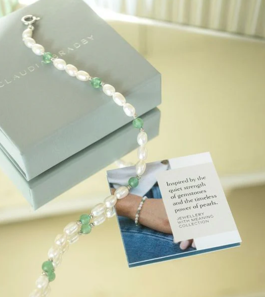 CLAUDIA BRADBY AVENTURINE & PEARL SILVER BEADED BRACELET