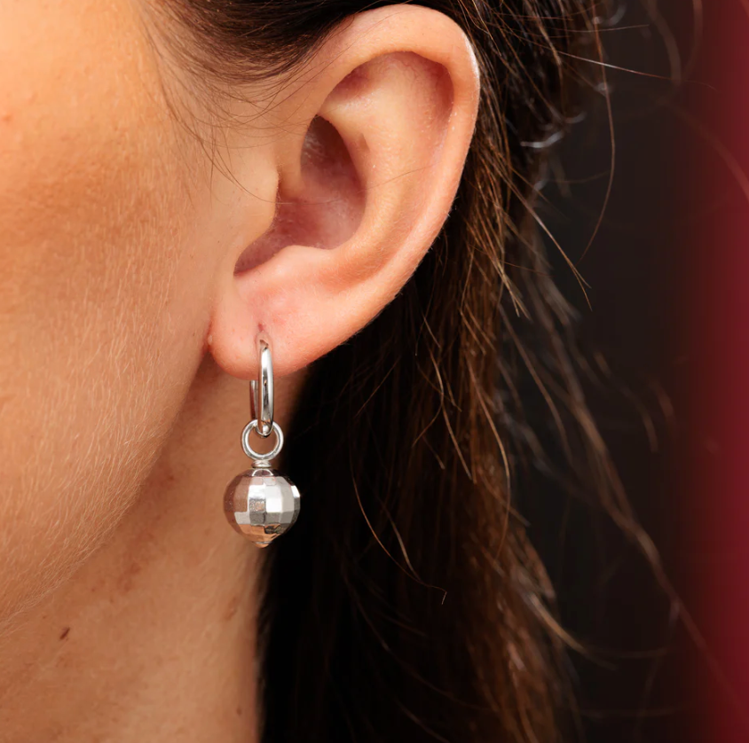 SCREAM PRETTY DISCO BALL CHARM HOOP EARRINGS