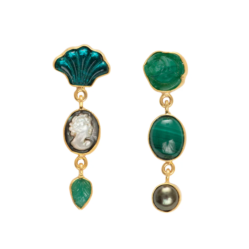 GRAINNE MORTON GREEN THREE CHARM MOVING DROP EARRINGS