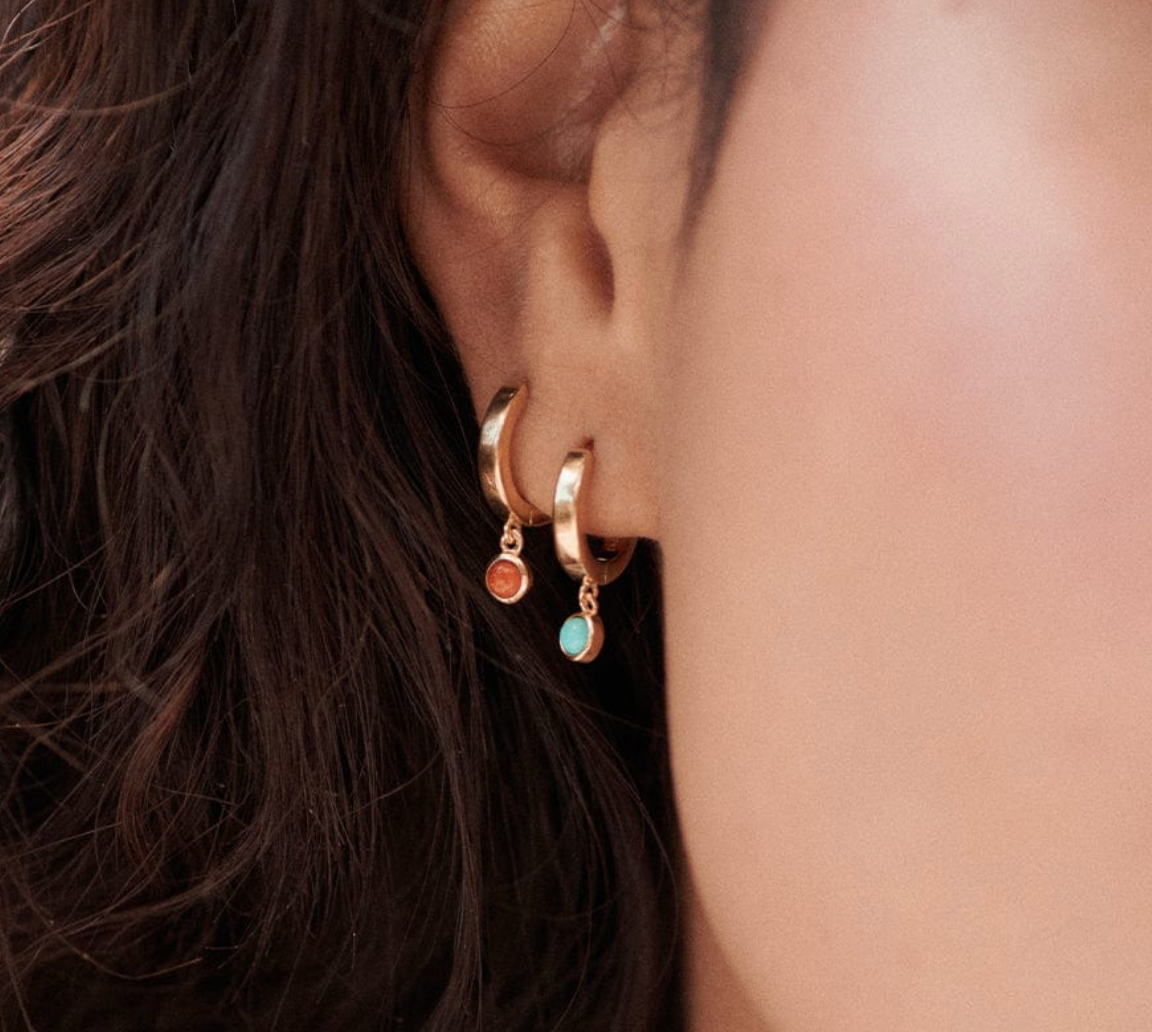 DAISY LONDON RED CORAL HEALING STONE HUGGIE EARRINGS