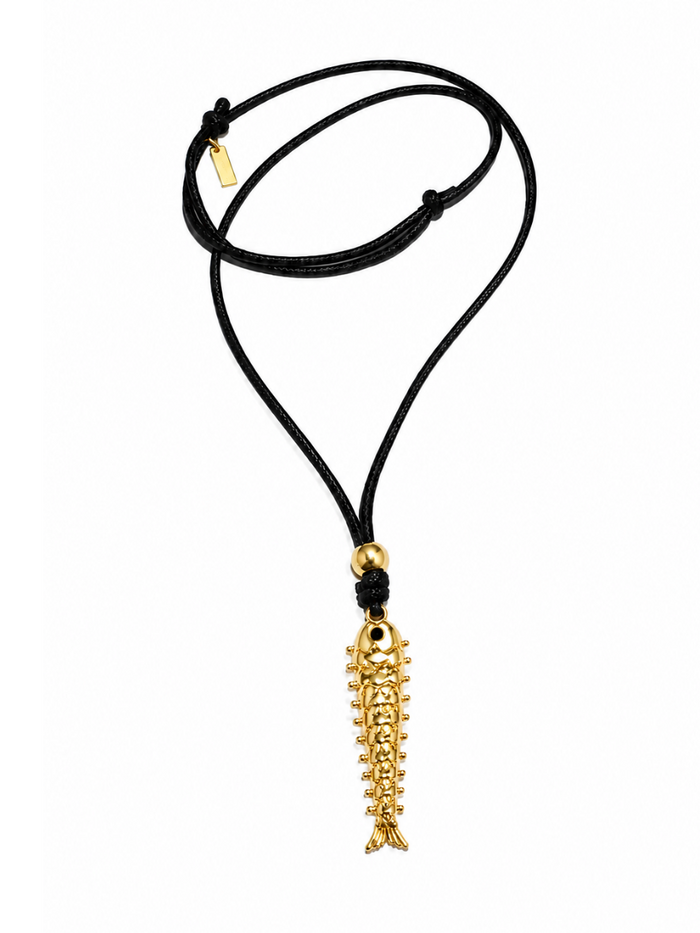 TALIS CHAINS FISH PENDANT ON WAXED LEATHER LONG CORD NECKLACE