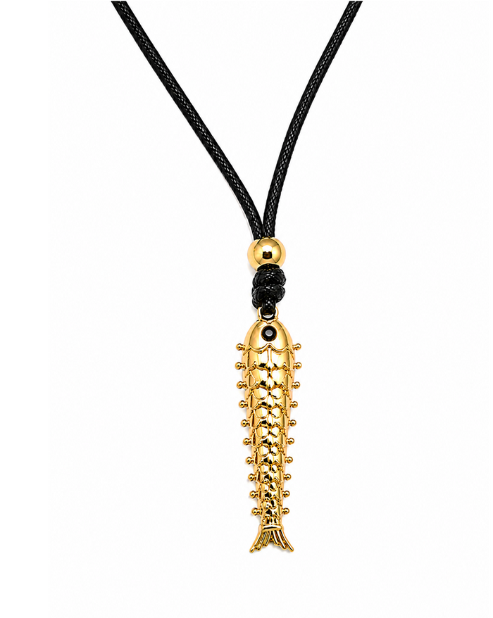 TALIS CHAINS FISH PENDANT ON WAXED LEATHER LONG CORD NECKLACE