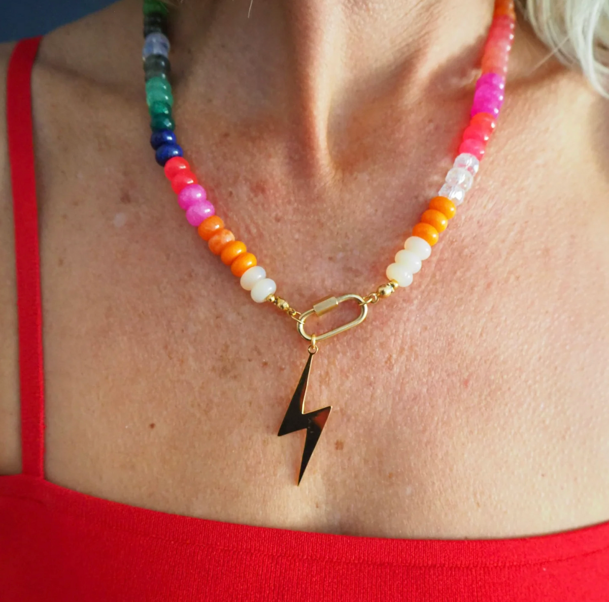 RAF & GRACE GOLD RAINBOW CANDY LIGHTENING BOLT NECKLACE