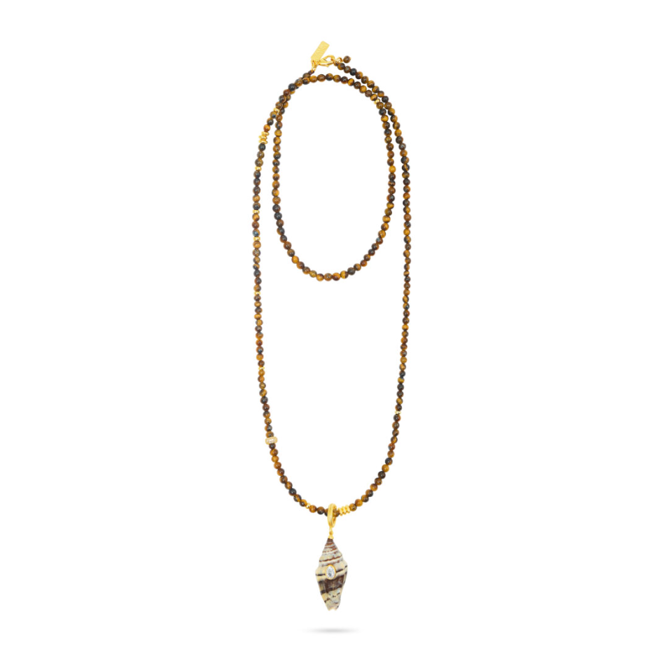 TALIS CHAINS SHELL PENDANT ON TIGER'S EYE NECKLACE