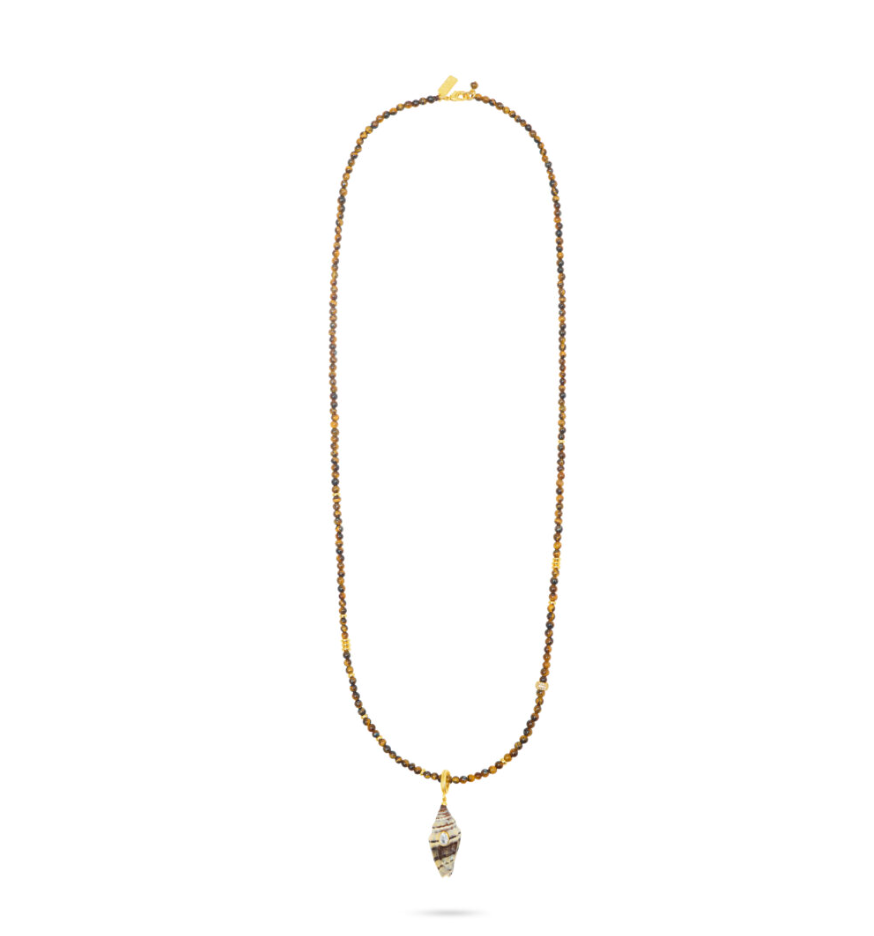 TALIS CHAINS SHELL PENDANT ON TIGER'S EYE NECKLACE