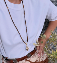 TALIS CHAINS SHELL PENDANT ON TIGER'S EYE NECKLACE