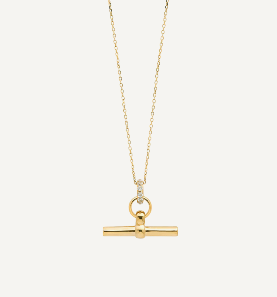 TILLY SVEAAS SMALL JEWELLED GOLD T BAR ON TRACE CHAIN
