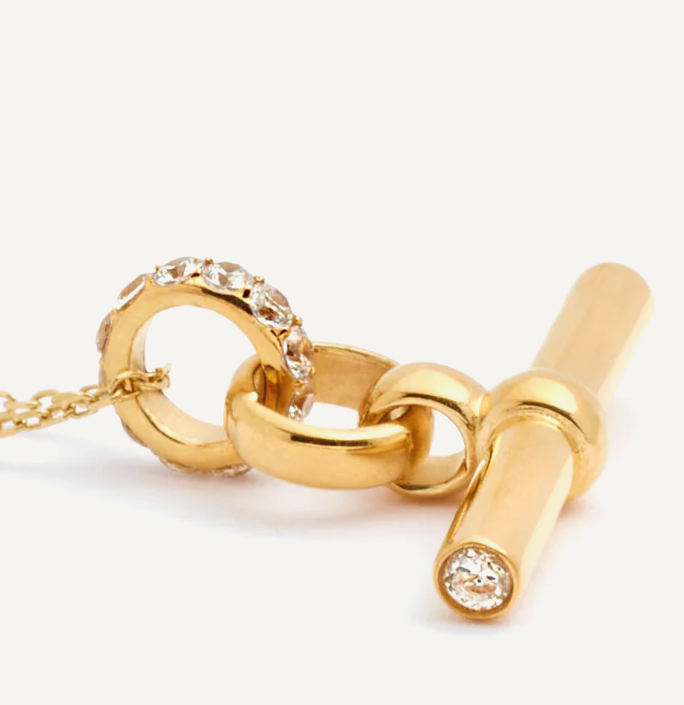TILLY SVEAAS SMALL JEWELLED GOLD T BAR ON TRACE CHAIN