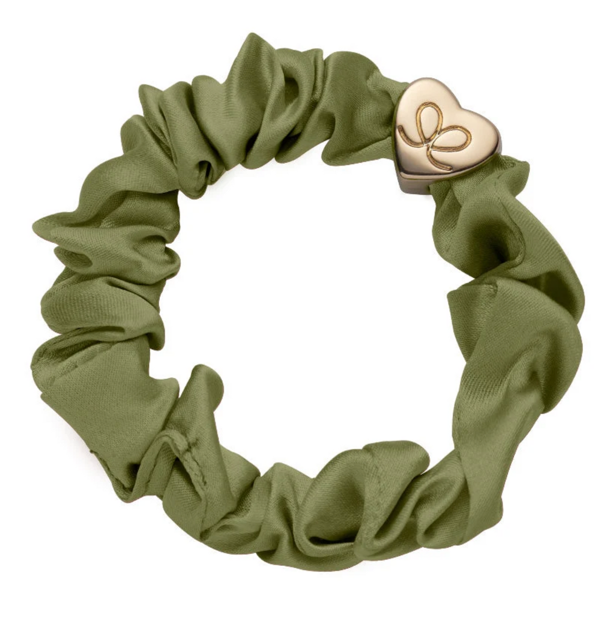 BY ELOISE OLIVE GREEN GOLD HEART SILK SCRUNCHIE