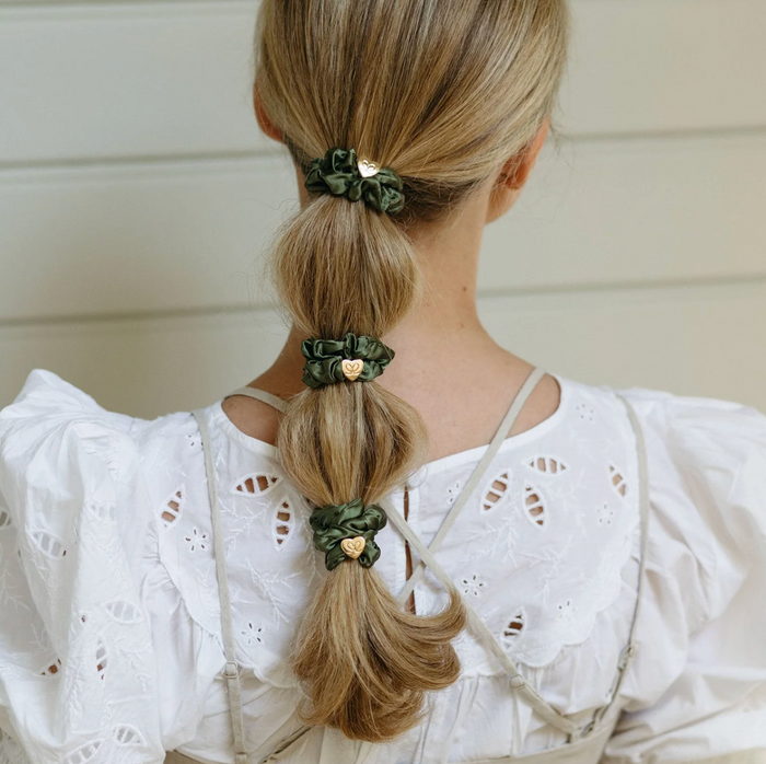 BY ELOISE OLIVE GREEN GOLD HEART SILK SCRUNCHIE