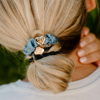 BY ELOISE FADED DENIM GOLD HEART SILK SCRUNCHIE