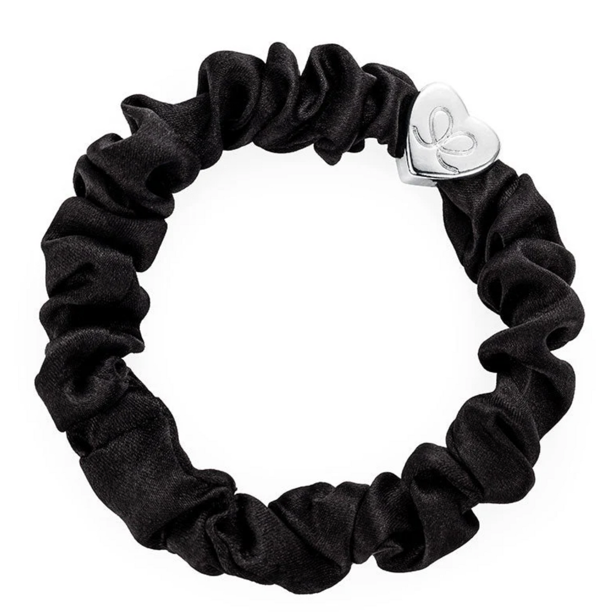 BY ELOISE BLACK SILVER HEART SILK SCRUNCHIE