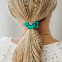 BY ELOISE JUNGLE GREEN SILVER HEART SILK SCRUNCHIE