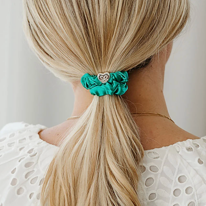 BY ELOISE JUNGLE GREEN SILVER HEART SILK SCRUNCHIE