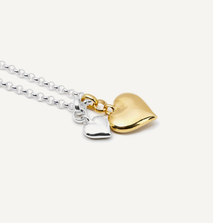 TILLY SVEAAS MIXED METAL DOUBLE HEART ON CHUNKY BELCHER NECKLACE