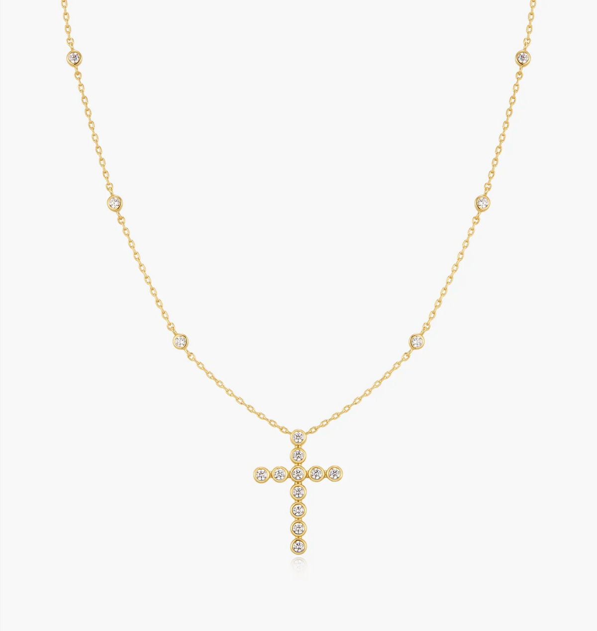 ANIA HAIE GOLD BEZEL-SET STATION NECKLACE WITH CROSS PENDANT