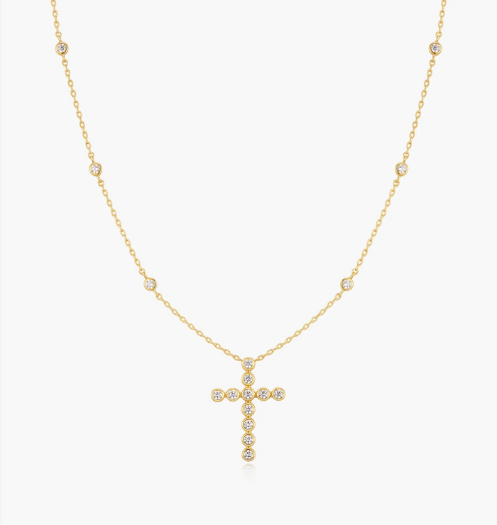 ANIA HAIE GOLD BEZEL-SET STATION NECKLACE WITH CROSS PENDANT