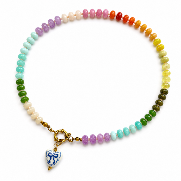 RAF & GRACE CANDY BEAD BLUE HEART AND BOW CHARM NECKLACE