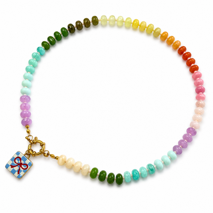 RAF & GRACE CANDY BEAD SQUARE BOW CHARM NECKLACE