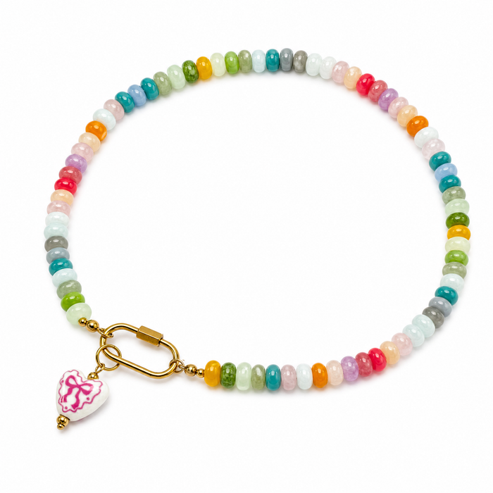 RAF & GRACE CANDY BEAD PINK HEART AND BOW CHARM NECKLACE